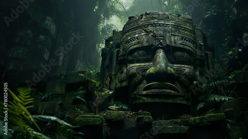 An ominous stone mask looms over a lush jungle setting, evoking a sense of ancient guardianship © Damerfie
