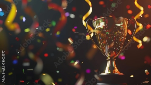 Shiny trophy cup with colorful confetti and ribbons on a dark background