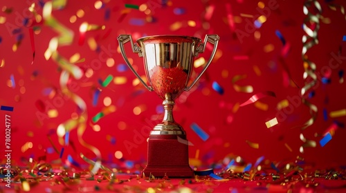 Golden trophy cup with red splashes and colorful confetti on a red background. Achievement and celebration concept