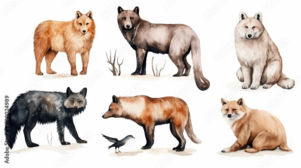 Accurately depicted wolf and fox species showcasing their differences in color and size