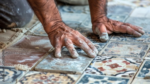 Hands of a worker laying down patterned ceramic tiles