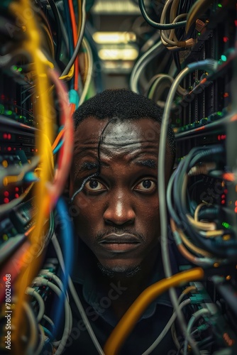 Amidst a maze of servers, an African computer programmer troubleshoots an issue, their determined demeanor reflecting their commitment to maintaining network integrity. © Manzoor