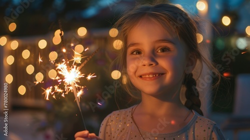 Smiling young girl with sparklers, evening party celebration concept