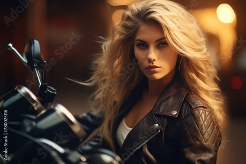 Motorcycle beauty: an attractive biker girl with wavy hair, exploring the salon.