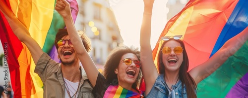 Cheerful people with pride flags celebrating at a parade photo
