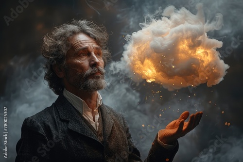 A young businessman with an exploding cloud above his hand