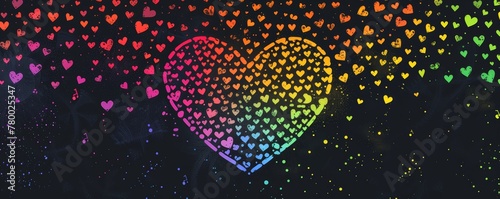 Multicolored heart shapes in a gradient pattern on a dark background. Digital art with space for text.