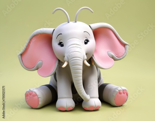 A charming baby elephant toy sits with a gentle expression  its large pink ears and soft grey body making it an endearing addition to any playset.