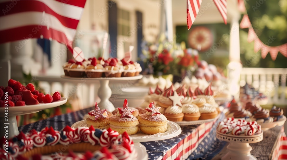 Patriotic dessert table setup for Fourth of July celebration with cakes and fruits.