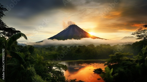 A peaceful scene unfolds with the sun setting behind a towering volcano surrounded by reflective water and lush greenery photo