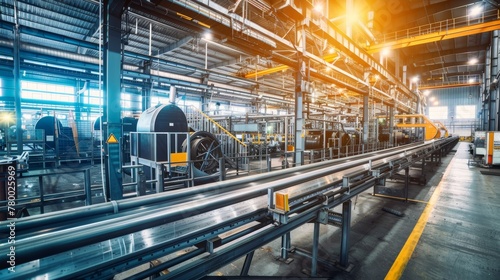 Conveyor belt and machinery in a modern manufacturing facility. Industrial production line concept