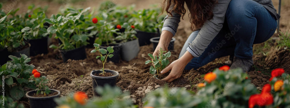 Fototapeta premium a beautiful girl plants flowers on a flower bed in the garden