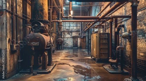 Old industrial boiler room with rusty tanks and piping in a dilapidated factory setting