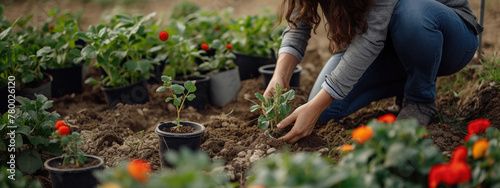 a beautiful girl plants flowers on a flower bed in the garden