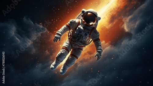 An astronaut drifts weightlessly against a backdrop of fiery orange space nebula, capturing the vastness and solitude of space