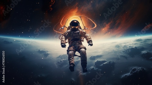 In deep space, an astronaut in a spacesuit hovers with the majestic Earth and a glowing nebula in background