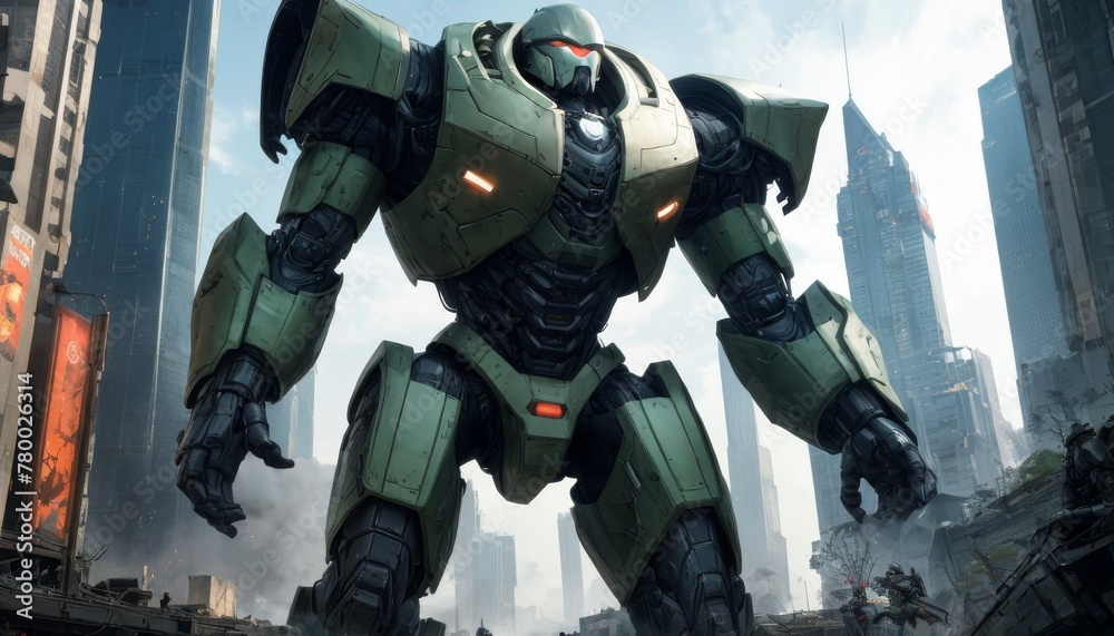 A towering green mechanical warrior stands amidst a futuristic cityscape, exuding power and readiness for battle with its glowing red accents.