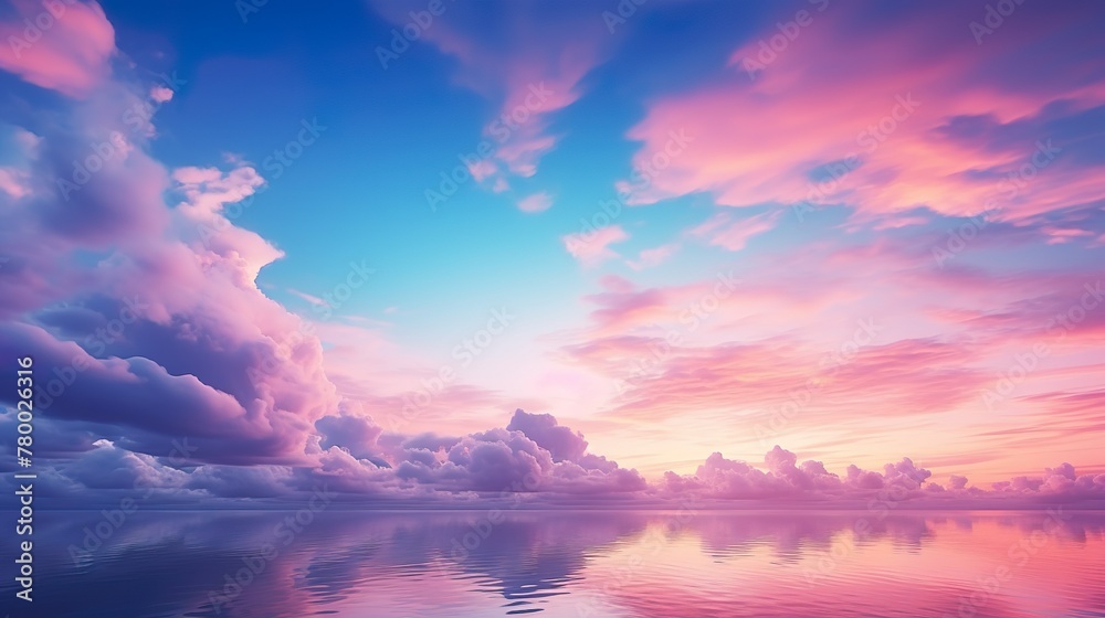 A dreamlike seascape merges with the sky, where reflective water mirrors the pink and blue hues, invoking a sense of calmness and introspection A dreamlike seascape merges with the sky, where reflective water mirrors the pink and blue hues, invoking a sense of calmness and introspection