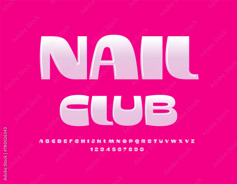 Vector decorative logo Nail Club. Glossy creative Font. Set of unique Alphabet Letters and Numbers.