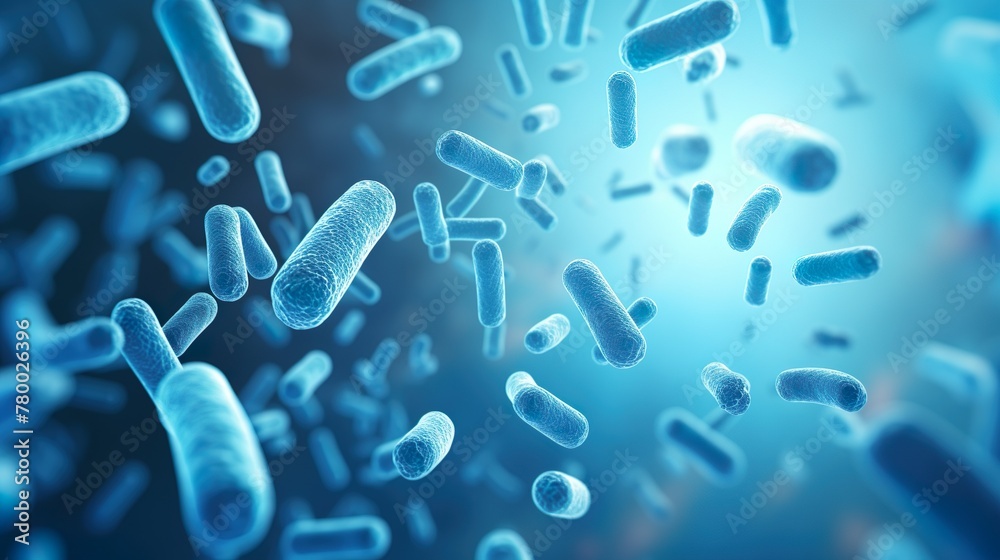 Close-up image highlighting the details and textures of bacteria in a blue, luminescent environment