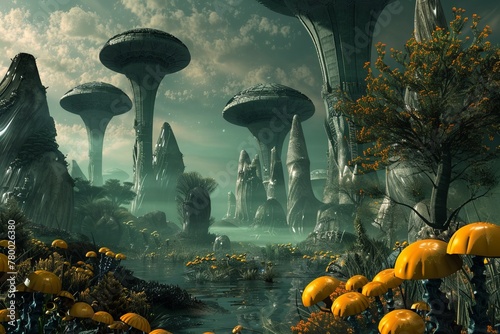 Foreign planet showcasing otherworldly scenery with peculiar flora and fauna in a captivating extraterrestrial setting.