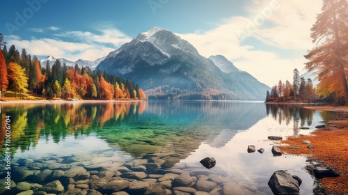 A serene lake reflecting the stunning hues of autumn trees and the majestic mountain in the background photo