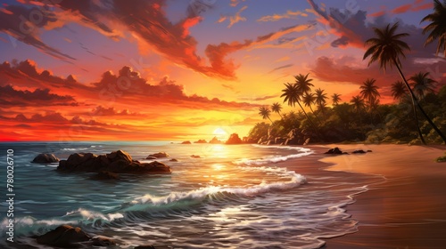 A breathtaking sunset illuminates the sky in hues of orange and red above a serene tropical beach with palm trees and calm waves