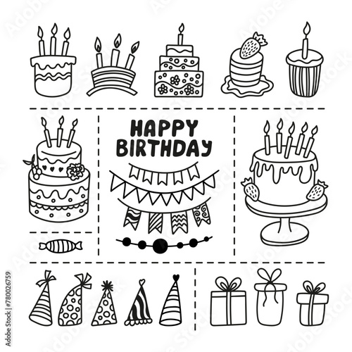 Hand drawn Happy birthday doodle set, cake with candles, garlands, party hat, and gift boxes