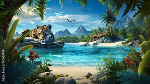 An artistically composed image of a leopard resting on a rock with clear blue ocean and lush landscape in the background photo