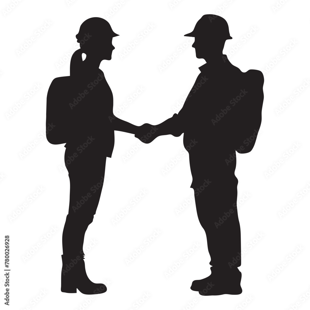 Silhouette of two laborers or workers shaking hands. Silhouette for Happy Labor Day vector illustration