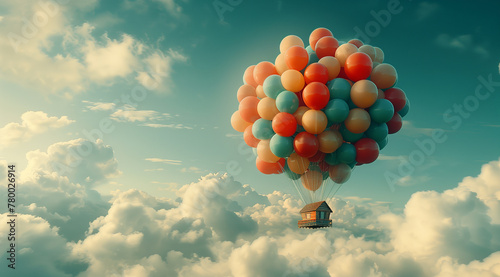 Whimsical House Floating with Balloons