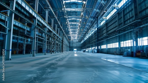 Vast and empty industrial warehouse with modern architecture. Cold tone photography showcasing space and structure