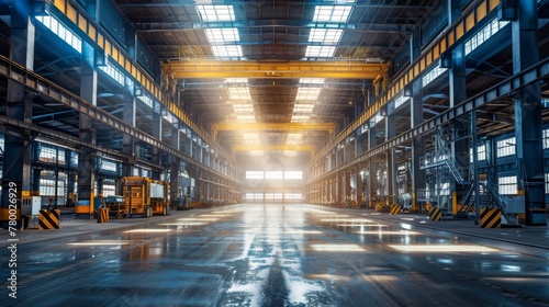 Empty industrial warehouse interior with yellow lifting crane.