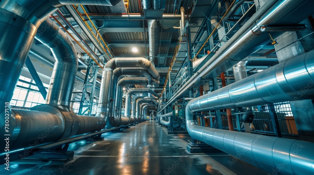 Silver industrial pipelines along the corridor of a manufacturing plant.