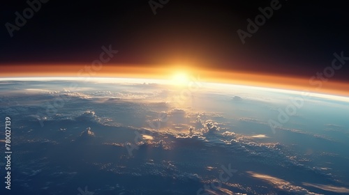 A serene depiction of the sun setting emitting a tranquil glow over the curvature of Earth's atmosphere © Damerfie