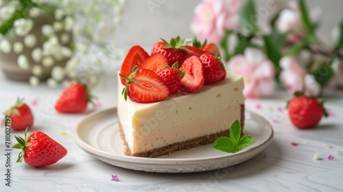 Delicious slice of cheesecake with strawberries served on a plate, placed on a white surface and decorated with fresh mint leaves, arranged with flowers in the background