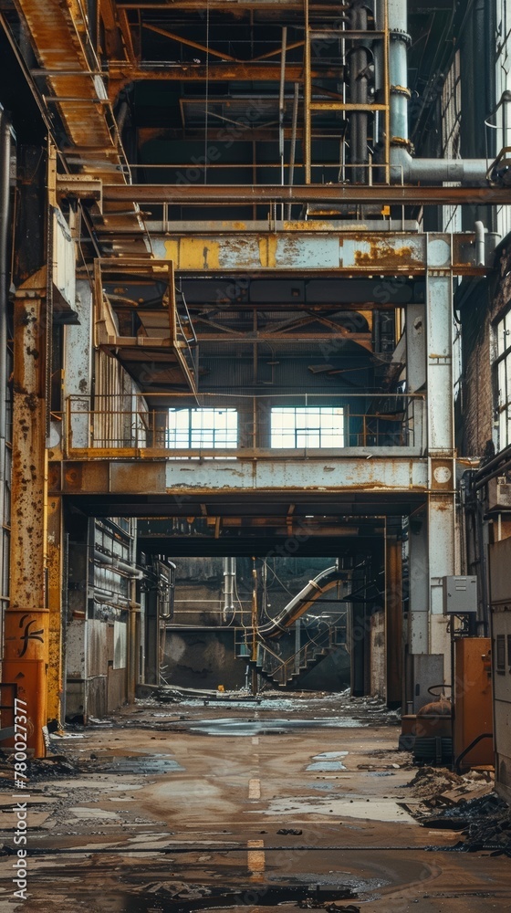 Decayed industrial plant with rusted structures and scattered debris