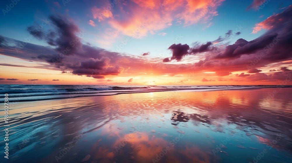 Dynamic cloud formations and reflections on beach as the sun sets with radiant colors across the horizon