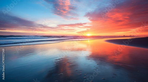 A serene sunset skies painting the ocean with orange and red hues along a peaceful beachfront photo