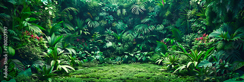 Lush Rainforest with Dense Green Foliage, Ferns, and Trees, Mystical Jungle Landscape, Wild Nature Beauty