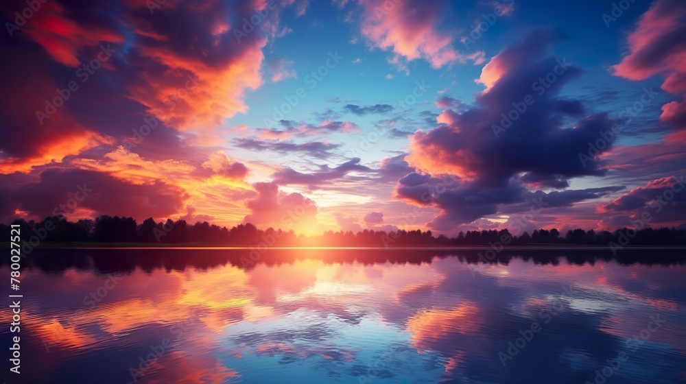 Serene sunset over a quiet lake lined with trees, where fluffy clouds reflect in the still water