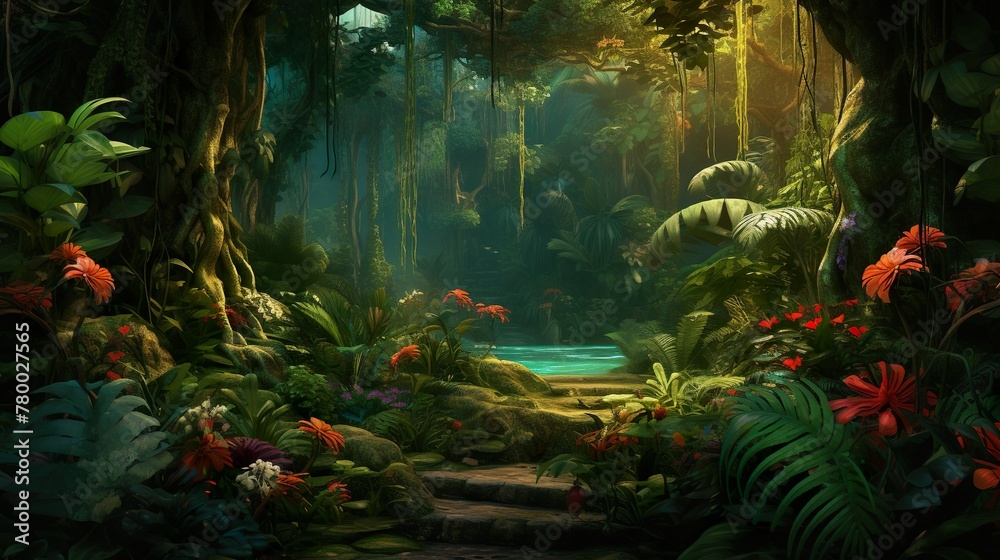 A magical vista of a lush green forest pathway surrounded by exotic ...
