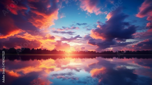 Serene sunset over a quiet lake lined with trees, where fluffy clouds reflect in the still water