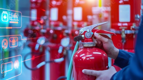 Close-up of a fire extinguisher inspection with digital holographic interface.