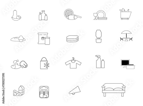 Conjunto de iconos o símbolos de supermercado en blanco y negro de ropa, deporte, tecnología, limpieza, muebles y comestible para logotipo, app y sitio web con fondo blanco.
