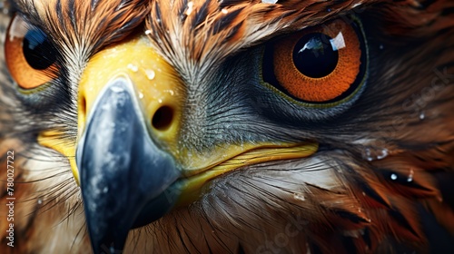 Macro shot of a raptor bird's eye conveying focus, fierceness, and the essence of predatory life in the wild photo