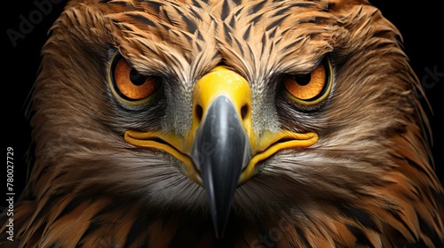 This detailed image captures the fierce intensity in the eyes of a golden eagle, set against a black backdrop photo