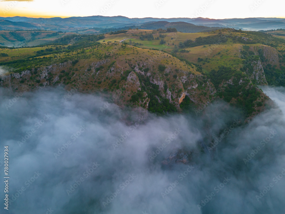 Morning mist over meanders of Uvac river in Serbia Morning mist over meanders of Uvac river in Serbia