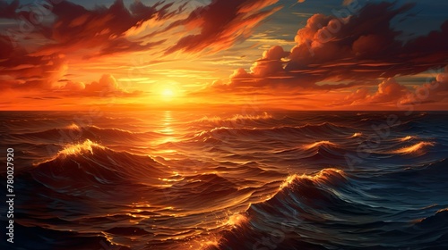 A breathtaking scene capturing the sun setting over a turbulent sea with fiery clouds reflecting off the water's surface