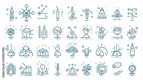 This image contains a collection of blue linear icons related to science, innovation, and technology displayed in a neat format